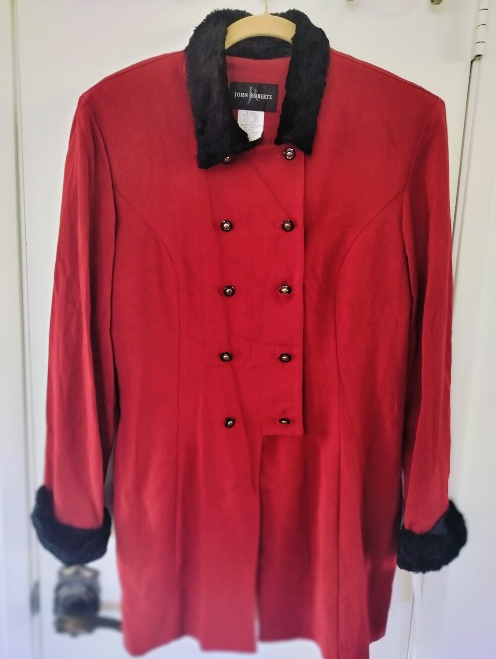 Vintage John Roberts Red Coat with Black Faux Fur Collar & Cuffs Size 14